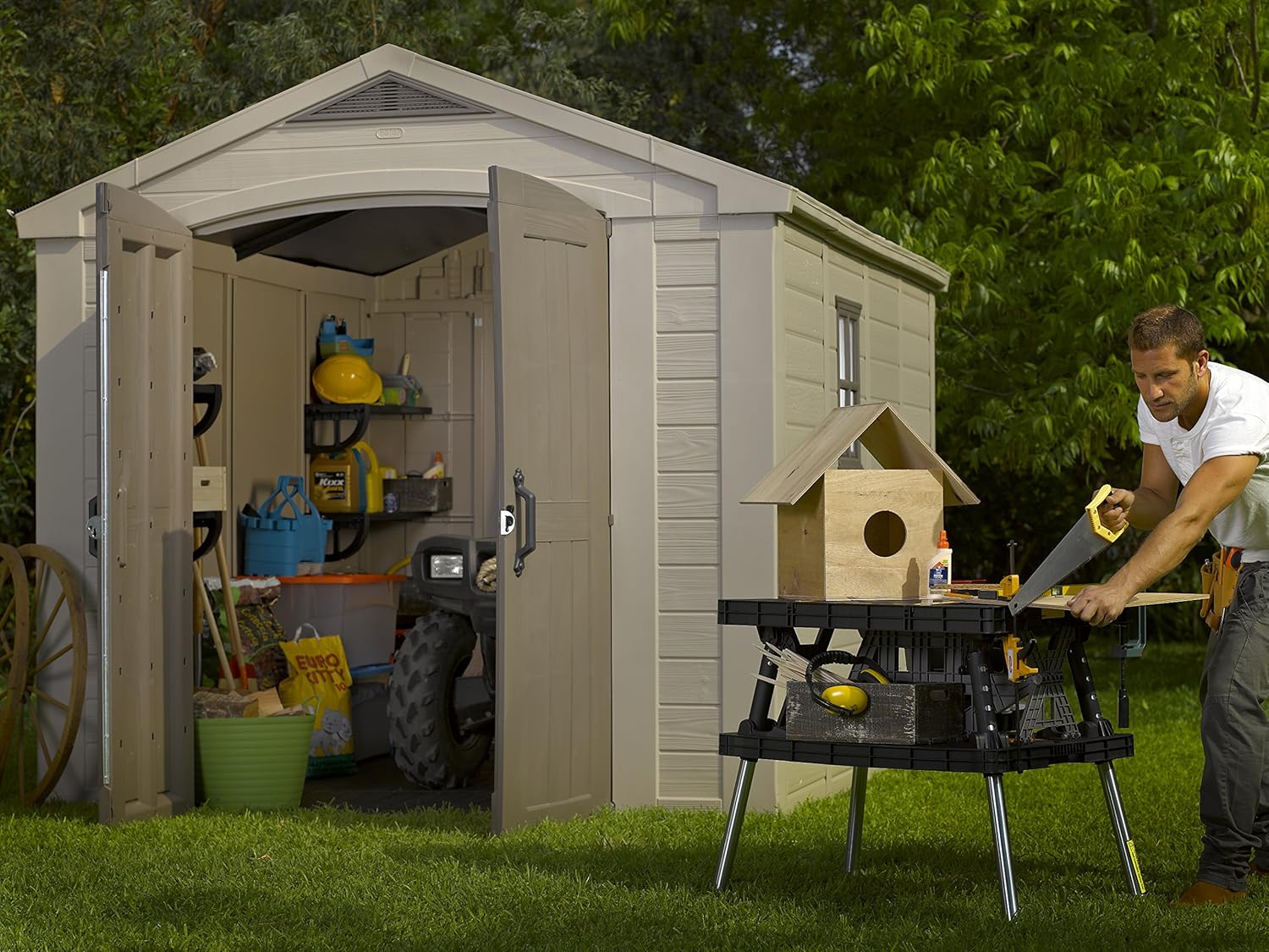 Aerovix™ | 8x11ft Factor Outdoor Garden Storage Shed — Beige Resin, Steel-Reinforced