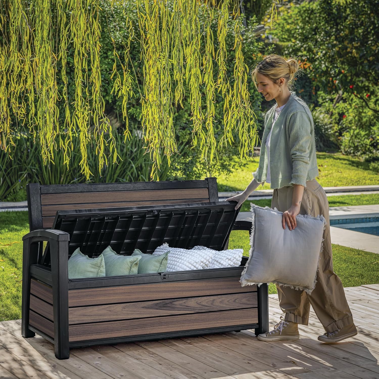 Aerovix™ | 227L Outdoor Storage Bench — Seats 2, Wood-Look Resin, All-Weather