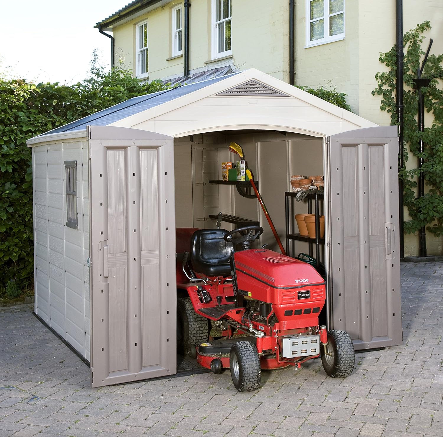 Aerovix™ | 8x11ft Factor Outdoor Garden Storage Shed — Beige Resin, Steel-Reinforced