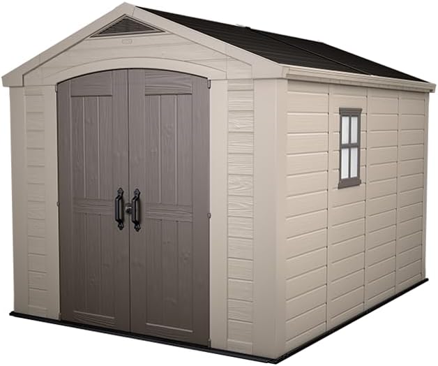Aerovix™ | 8x11ft Factor Outdoor Garden Storage Shed — Beige Resin, Steel-Reinforced