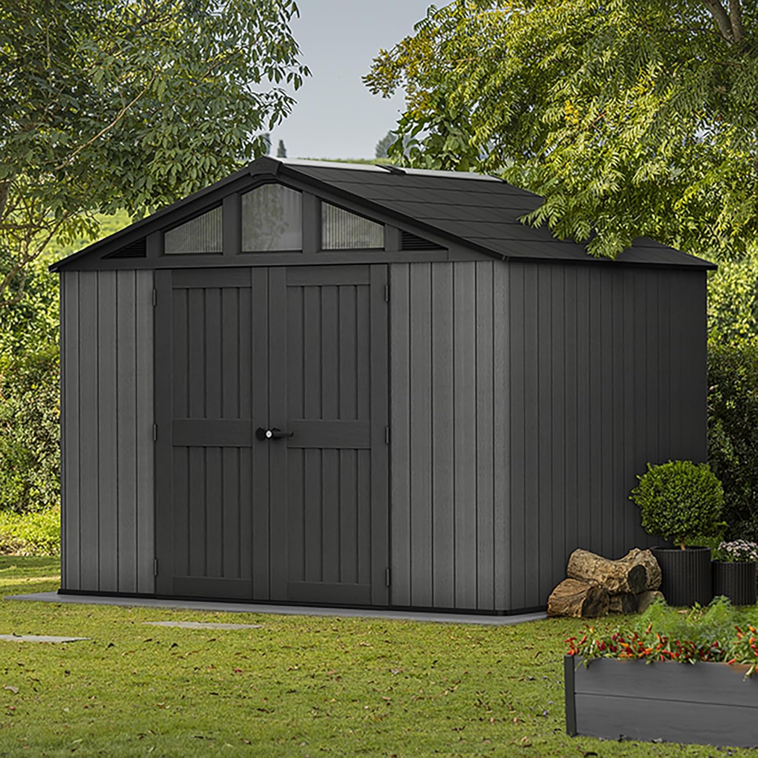 Aerovix™ | 10x15ft Stronghold Outdoor Storage Shed — Wood-Effect, Weatherproof & Steel-Reinforced
