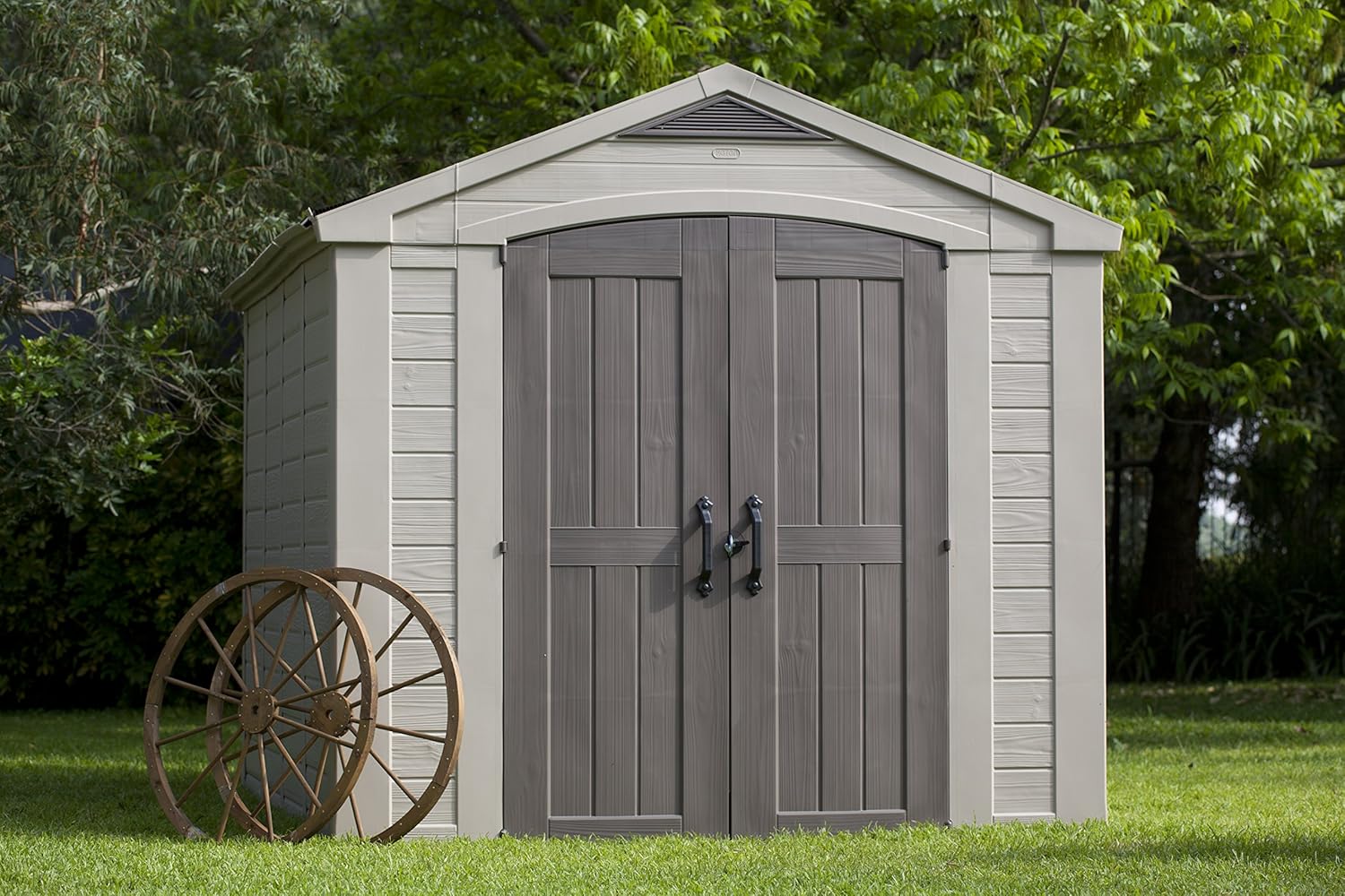 Aerovix™ | 8x11ft Factor Outdoor Garden Storage Shed — Beige Resin, Steel-Reinforced