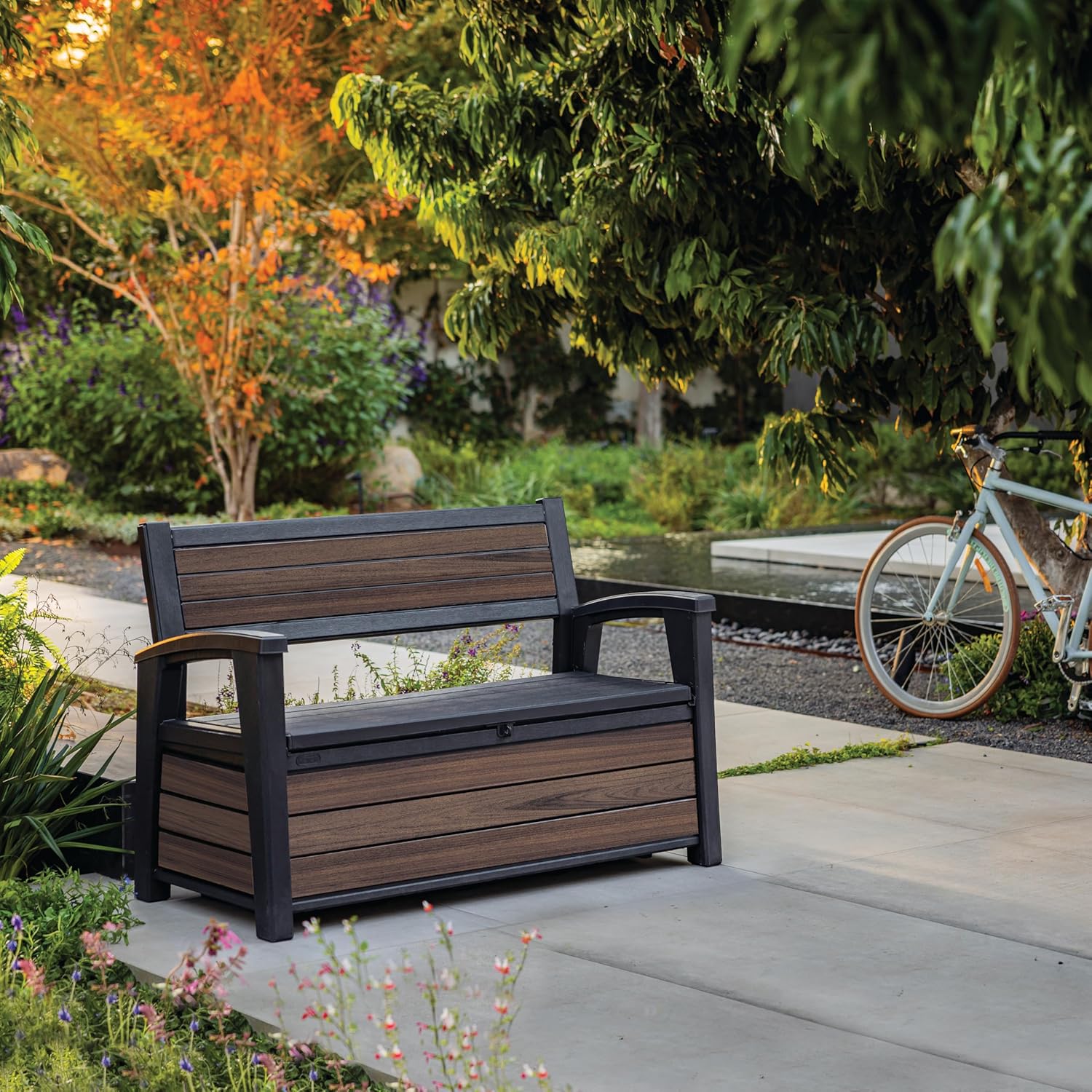 Aerovix™ | 227L Outdoor Storage Bench — Seats 2, Wood-Look Resin, All-Weather