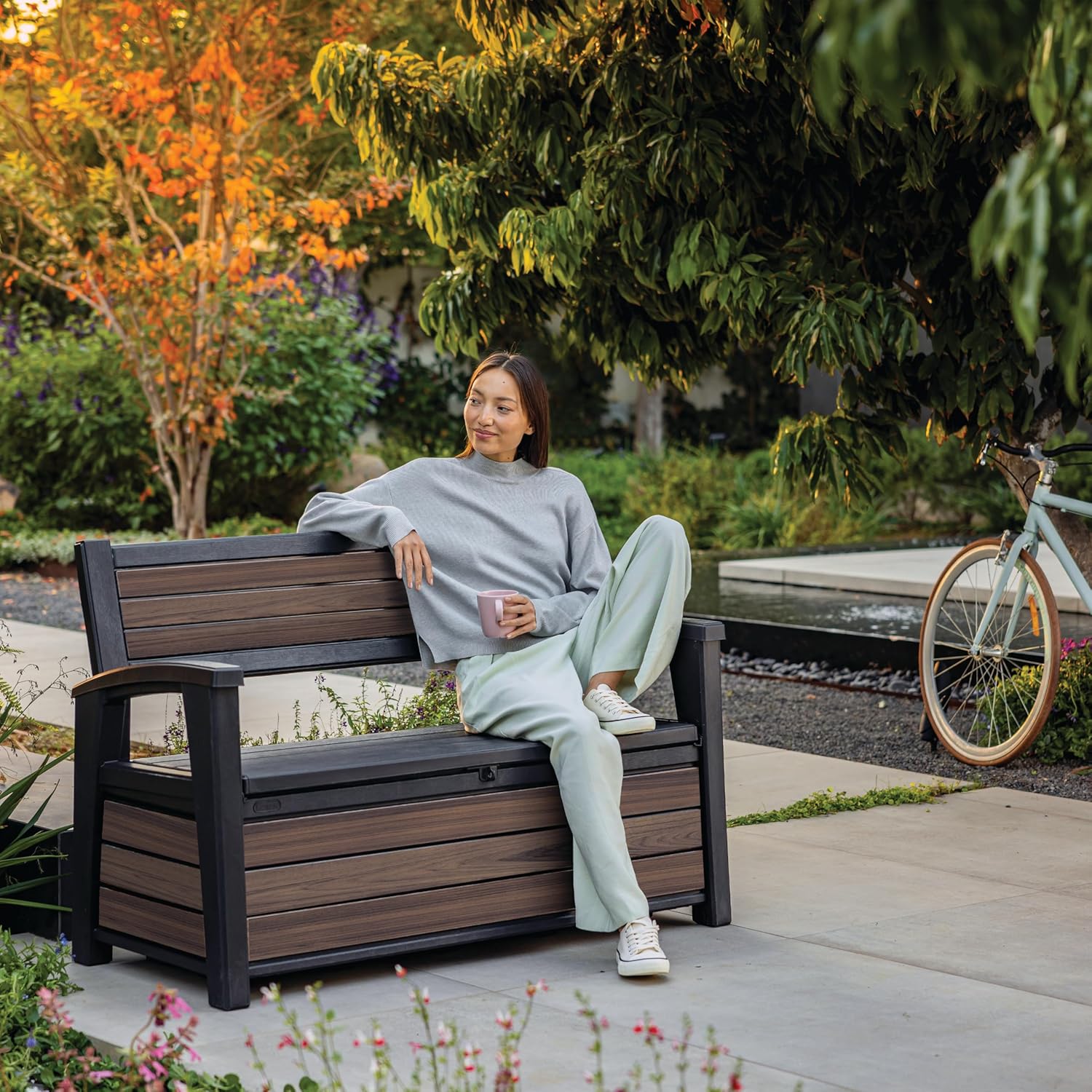 Aerovix™ | 227L Outdoor Storage Bench — Seats 2, Wood-Look Resin, All-Weather