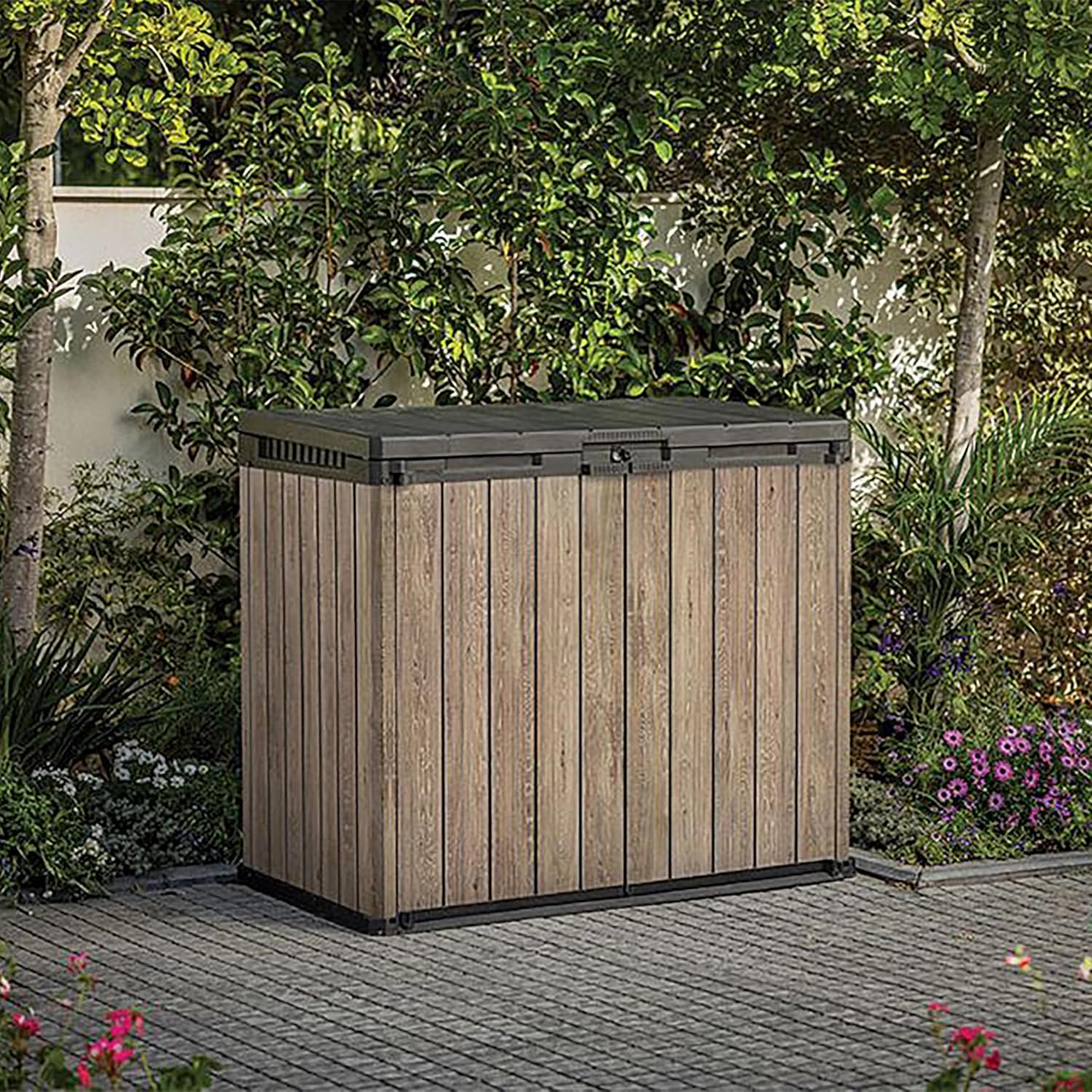 Aerovix™ | 1150L Outdoor Garden Storage Box — Lockable Weatherproof Resin Storage for Tools, Bins & BBQ